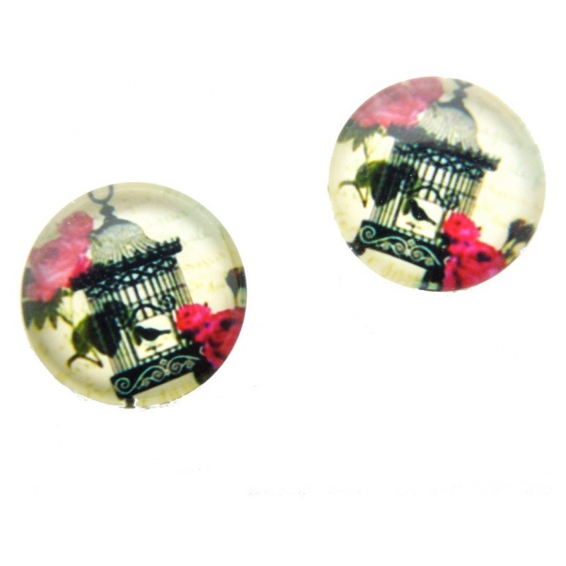 Lot de 2 Cabochons en Verre Cage à Oiseaux et Roses Vertes 12mm
