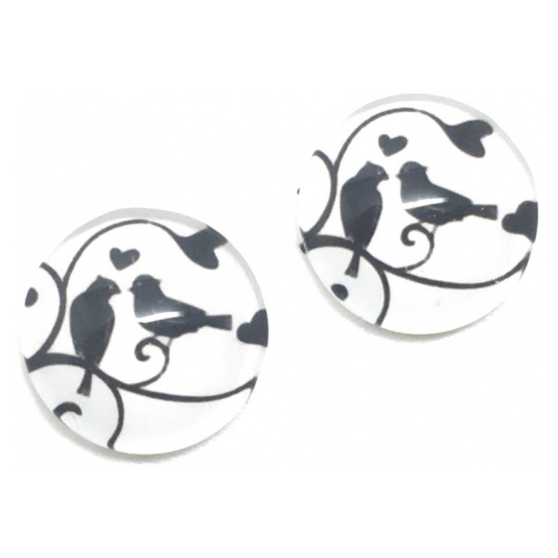 Lot de 2 Cabochons en Verre Oiseaux Noirs sur une Branche 12mm