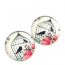 Lot de 2 Cabochons en Verre Cage à Oiseaux et Roses 12mm pour la Création de Bijoux Fantaisie - DIY