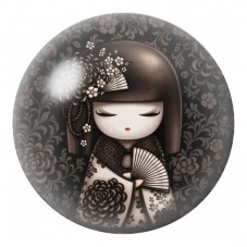 Cabochon en Verre Illustré Kokeshi Noire à l’Éventail Fleuri 12 à 25mm pour la Création de Bijoux Fantaisie - DIY