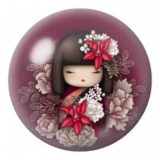 Cabochon en Verre Illustré Kokeshi aux Fleurs Rouges sur Fond Prune 12 à 25mm pour la Création de Bijoux Fantaisie - DIY