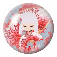 Cabochon en Verre Illustré Kokeshi Blanche à l’Éventail Rouge 12 à 25mm pour la Création de Bijoux Fantaisie - DIY