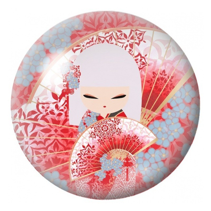 Cabochon en Verre Illustré Kokeshi Blanche à l’Éventail Rouge 12 à 25mm