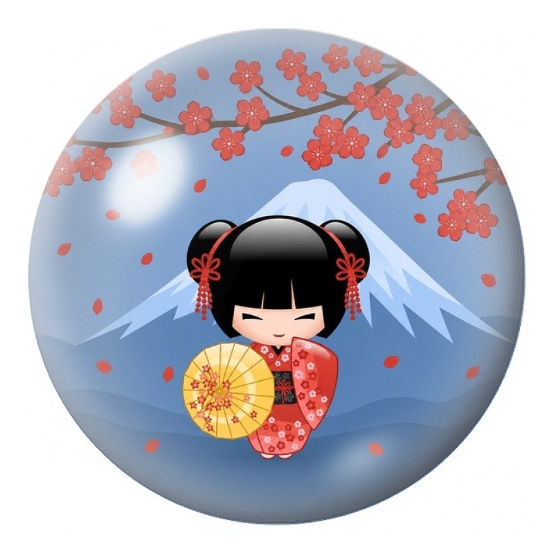 Cabochon en Verre Illustré Petite Kokeshi Rouge devant le Mont Fuji 12 à 25mm
