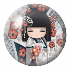 Cabochon en Verre Illustré Kokeshi Noire et Grise aux Fleurs Corail 12 à 25mm pour la Création de Bijoux Fantaisie - DIY