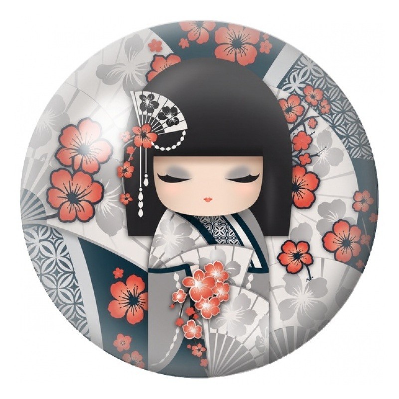 Cabochon en Verre Illustré Kokeshi Noire et Grise aux Fleurs Corail 12 à 25mm
