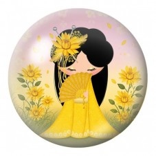 Cabochon en Verre Illustré Kokeshi Jaune aux Tournesols 12 à 25mm pour la Création de Bijoux Fantaisie - DIY