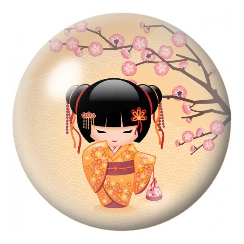 Cabochon en Verre Illustré Petite Kokeshi Orange sous le Prunier 12 à 25mm