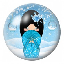 Cabochon en Verre Illustré Kokeshi Bleue à l’Éventail sous la Neige 12 à 25mm pour la Création de Bijoux Fantaisie - DIY