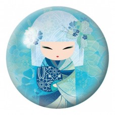 Cabochon en Verre Illustré Kokeshi Bleue aux Fleurs Aquarelle 12 à 25mm pour la Création de Bijoux Fantaisie - DIY