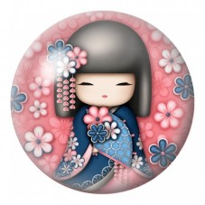 Cabochon en Verre Illustré Kokeshi Bleue et Rose aux Fleurs 12 à 25mm pour la Création de Bijoux Fantaisie - DIY