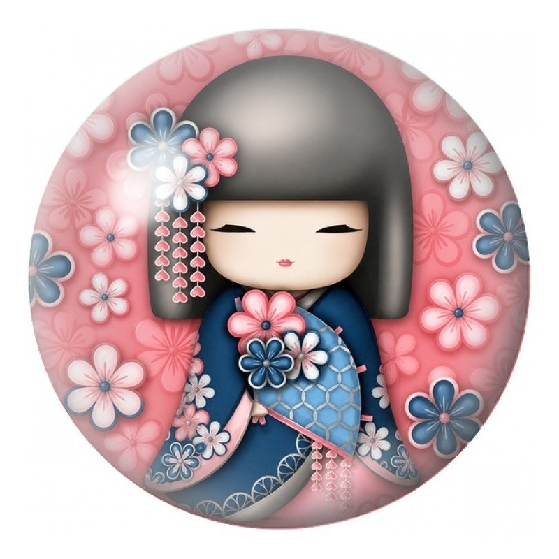 Cabochon en Verre Illustré Kokeshi Bleue et Rose aux Fleurs 12 à 25mm