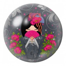 Cabochon en Verre Illustré Kokeshi Grise à l’Éventail et aux Roses 12 à 25mm pour la Création de Bijoux Fantaisie - DIY