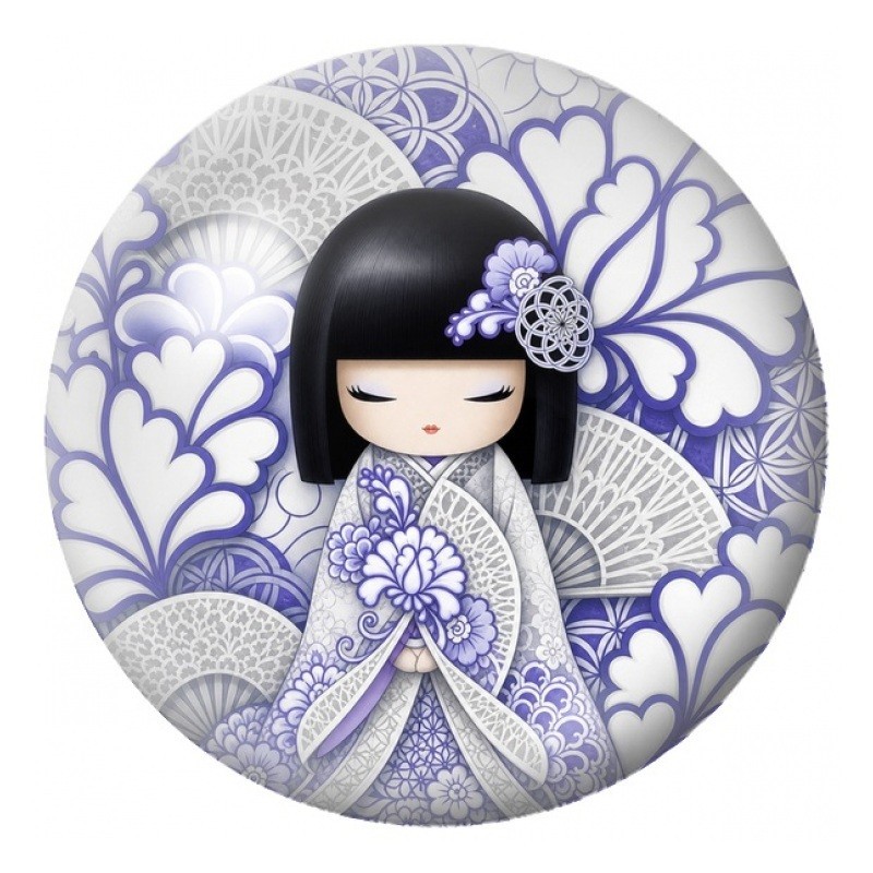 Cabochon en Verre Illustré Kokeshi Bleue à l’Éventail de Porcelaine 12 à 25mm