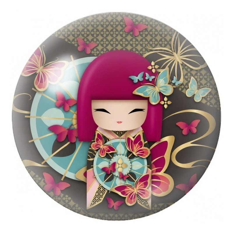 Cabochon en Verre Illustré Kokeshi Rouge et Verte aux Fleurs 12 à 25mm