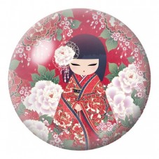 Cabochon en Verre Illustré Kokeshi Rouge parmi les Pivoines Blanches 12 à 25mm pour la Création de Bijoux Fantaisie - DIY