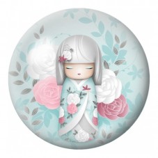 Cabochon en Verre Illustré Kokeshi Blanche aux Roses Pastel 12 à 25mm pour la Création de Bijoux Fantaisie - DIY