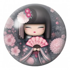 Cabochon en Verre Illustré Kokeshi Grise à l’Éventail et aux Camélias 12 à 25mm pour la Création de Bijoux Fantaisie - DIY
