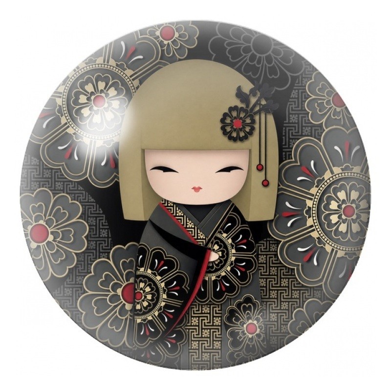 Cabochon en Verre Illustré Kokeshi Noire aux Motifs Ornés 12 à 25mm