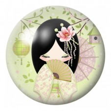 Cabochon en Verre Illustré Kokeshi Verte à l’Éventail et au Lotus 12 à 25mm pour la Création de Bijoux Fantaisie - DIY