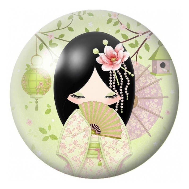 Cabochon en Verre Illustré Kokeshi Verte à l’Éventail et au Lotus 12 à 25mm