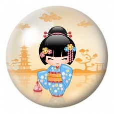Cabochon en Verre Illustré Petite Kokeshi Bleue devant la Pagode 12 à 25mm pour la Création de Bijoux Fantaisie - DIY