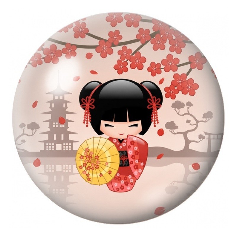 Cabochon en Verre Illustré Petite Kokeshi Rouge sous les Fleurs 12 à 25mm
