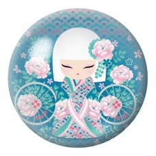 Cabochon en Verre Illustré Kokeshi Bleue aux Fleurs de Pivoine 12 à 25mm pour la Création de Bijoux Fantaisie - DIY