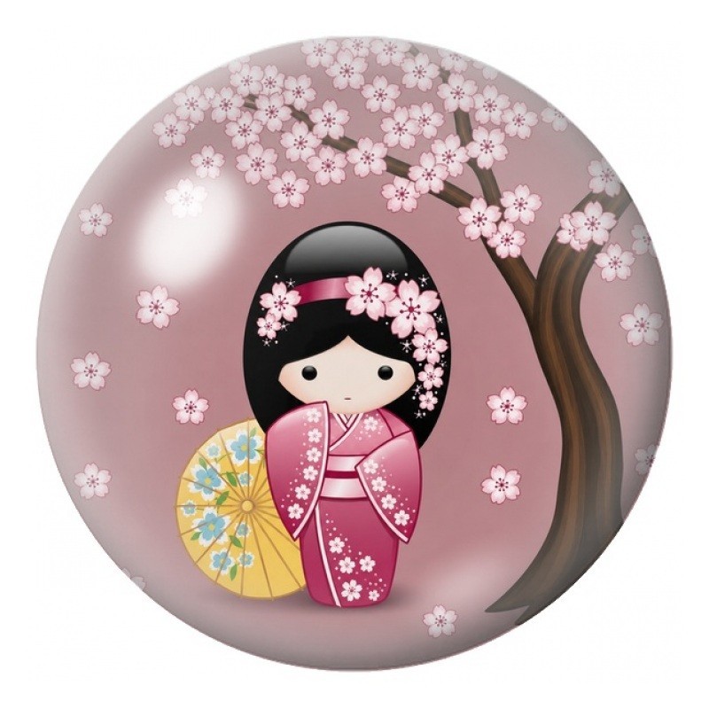 Cabochon en Verre Illustré Petite Kokeshi Rose sous le Cerisier 12 à 25mm