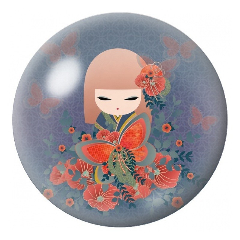 Cabochon en Verre Illustré Kokeshi Corail à l’Éventail Fleuri 12 à 25mm