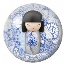 Cabochon en Verre Illustré Kokeshi Bleue à l’Éventail Floral 12 à 25mm pour la Création de Bijoux Fantaisie - DIY