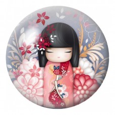 Cabochon en Verre Illustré Kokeshi Rouge au Papillon et aux Pivoines 12 à 25mm pour la Création de Bijoux Fantaisie - DIY