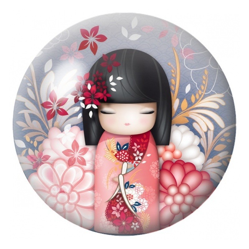 Cabochon en Verre Illustré Kokeshi Rouge au Papillon et aux Pivoines 12 à 25mm