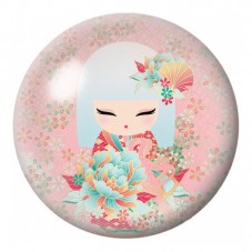 Cabochon en Verre Illustré Kokeshi Turquoise aux Oiseaux et aux Fleurs 12 à 25mm pour la Création de Bijoux Fantaisie - DIY