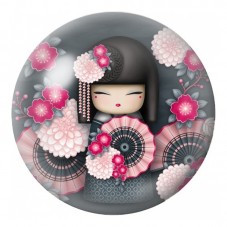 Cabochon en Verre Illustré Kokeshi Grise aux Éventails et aux Camélias 12 à 25mm pour la Création de Bijoux Fantaisie - DIY