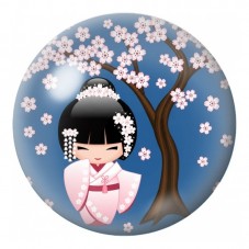 Cabochon en Verre Illustré Petite Kokeshi Rose sous le Cerisier Bleu 12 à 25mm pour la Création de Bijoux Fantaisie - DIY