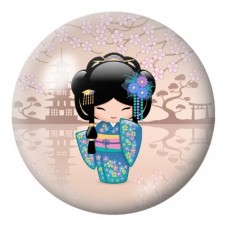 Cabochon en Verre Illustré Petite Kokeshi Bleue à l’Éventail 12 à 25mm pour la Création de Bijoux Fantaisie - DIY