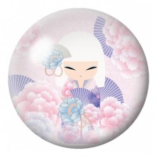 Cabochon en Verre Illustré Kokeshi Mauve aux Pivoines Pastel 12 à 25mm pour la Création de Bijoux Fantaisie - DIY
