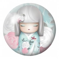 Cabochon en Verre Illustré Kokeshi Blanche aux Roses Poudrées 12 à 25mm pour la Création de Bijoux Fantaisie - DIY