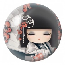 Cabochon en Verre Illustré Kokeshi Grise à l’Éventail et aux Fleurs Corail 12 à 25mm pour la Création de Bijoux Fantaisie - DIY
