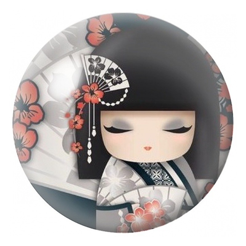 Cabochon en Verre Illustré Kokeshi Grise à l’Éventail et aux Fleurs Corail 12 à 25mm