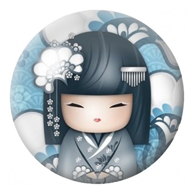 Cabochon en Verre Illustré Portrait de Kokeshi Bleue à la Lanterne 12 à 25mm