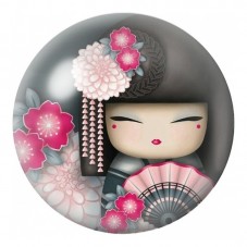 Cabochon en Verre Illustré Portrait de Kokeshi Grise aux Camélias Roses 12 à 25mm pour la Création de Bijoux Fantaisie - DIY