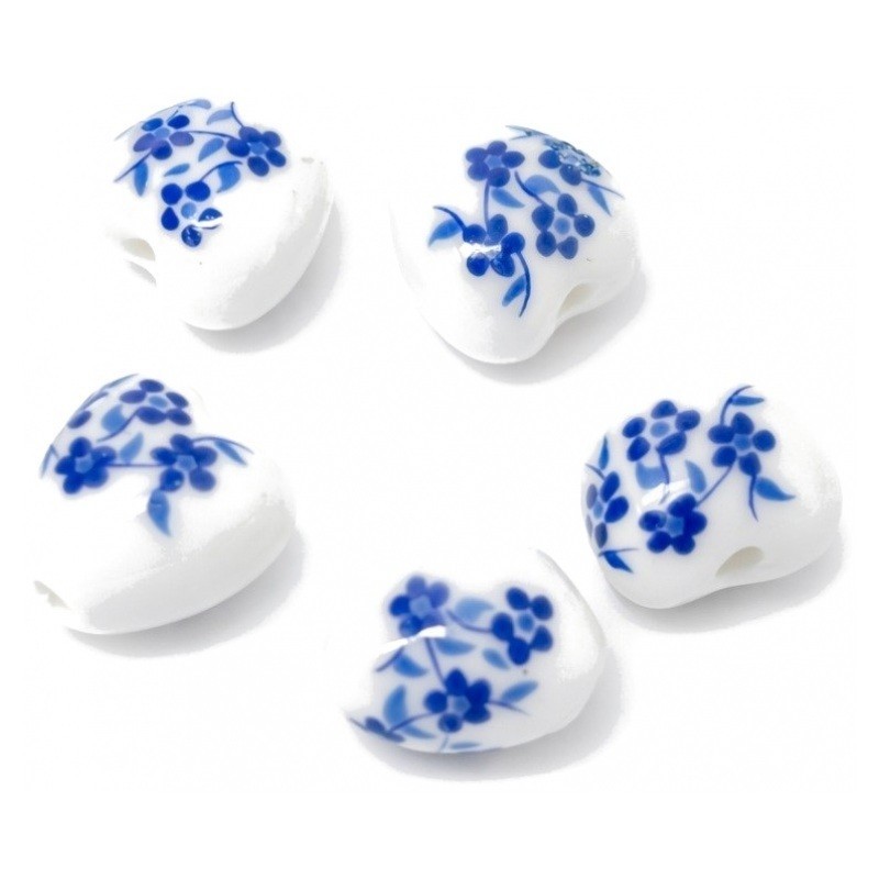 5 Perles Coeur en Céramique Orchidée Bleue et Blanche Vintage 13x12mm