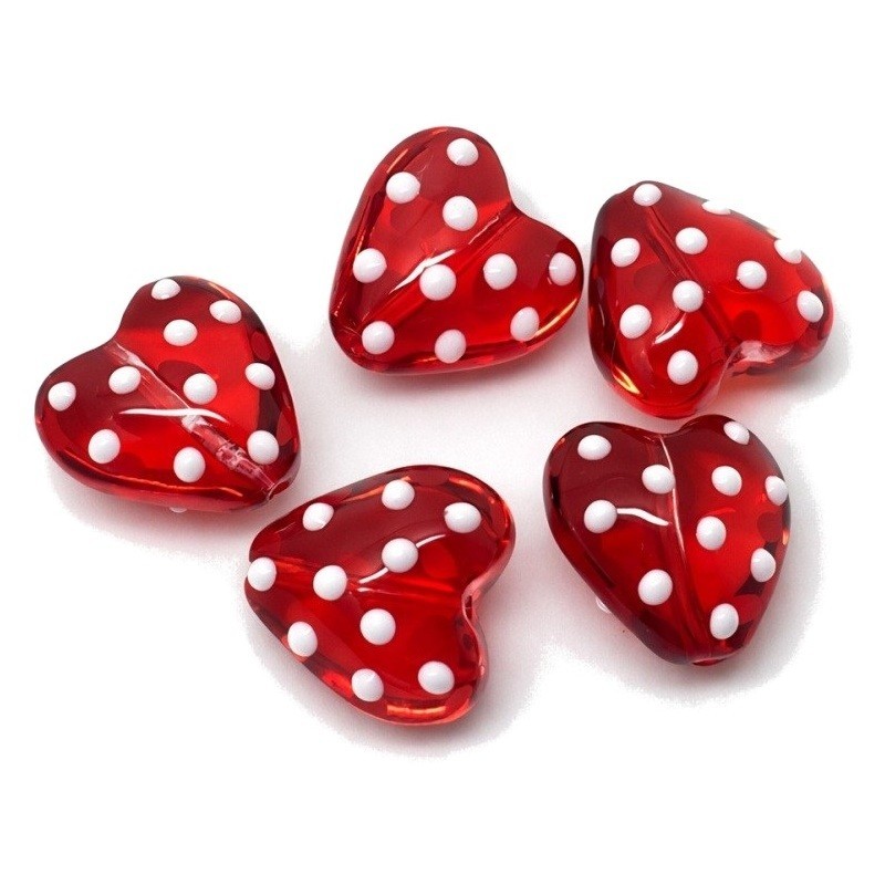 4 Perles en Verre Coeur Rouge à Pois Blancs 14mm