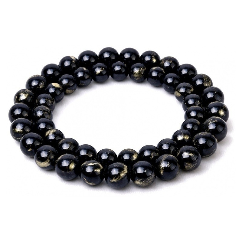 5 Perles Pierre Naturelle Jade Teinté Noir avec Feuille d'Or 8mm