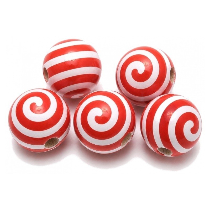 5 Perles en Bois Rondes Thème de Noël 15mm