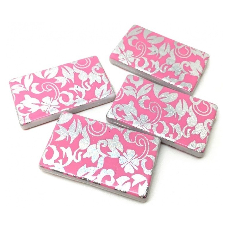 4 Perles en Acrylique Rectangulaires Rose et Argentées 39mm