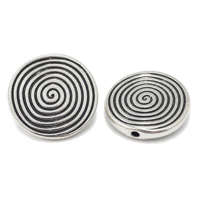 4 Perles en Métal Rondes Plates Spirale Argentées 18mm