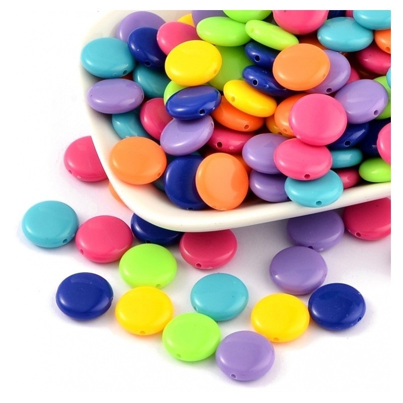 10 Perles en Acrylique Rondes Plates Multicolore 14mm